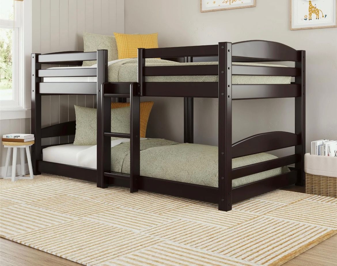 NEW Low Bunk Bed W/ Ladder, Low Wood Bunk Beds, Twin over Twin, Espresso !