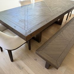 Brown Natural Rectangular Solid Pine Wood 106" Dining Table With Bench + Side + Armchair Set For 6 Almost new