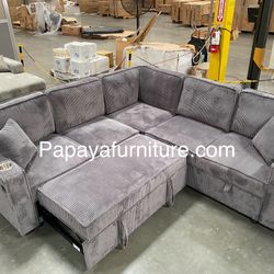 New 90” Sectional sofa with pull-out bed and storage. Upholstered by soft corduroy fabric, Sectional Sofa Bed, Sleeper Sofa, Pull-out Bed Couch, Sofa 