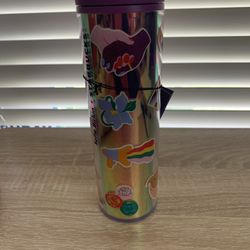Starbucks A well-loved water bottle covered in stickers
