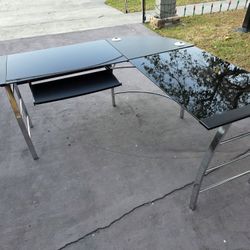  L-Shaped black tempered glass desk with metal frame read description for details LIKE NEW 