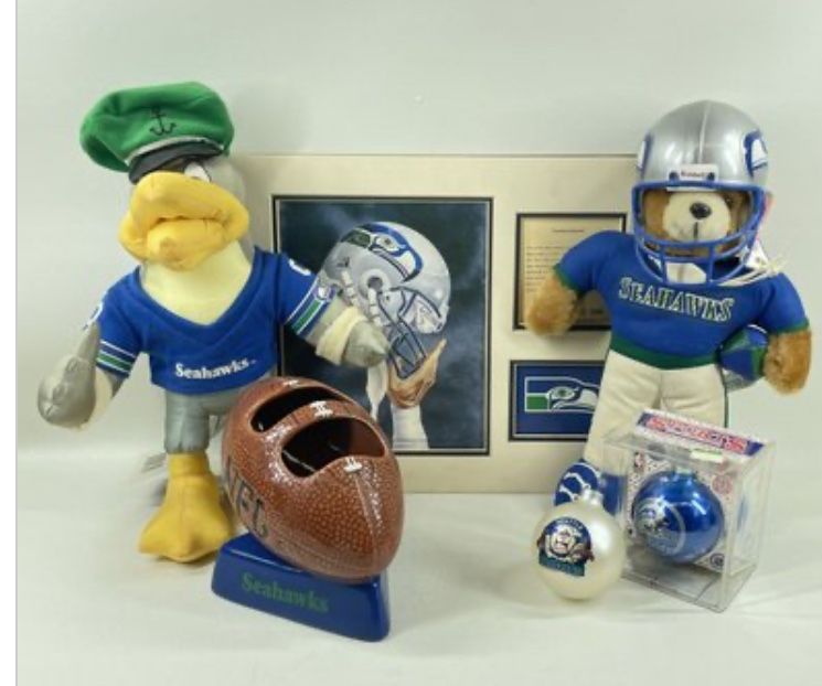 Vintage Seattle Seahawks Collectibles And Memorabilia Including Print Of Paul Ryan Helmet Art