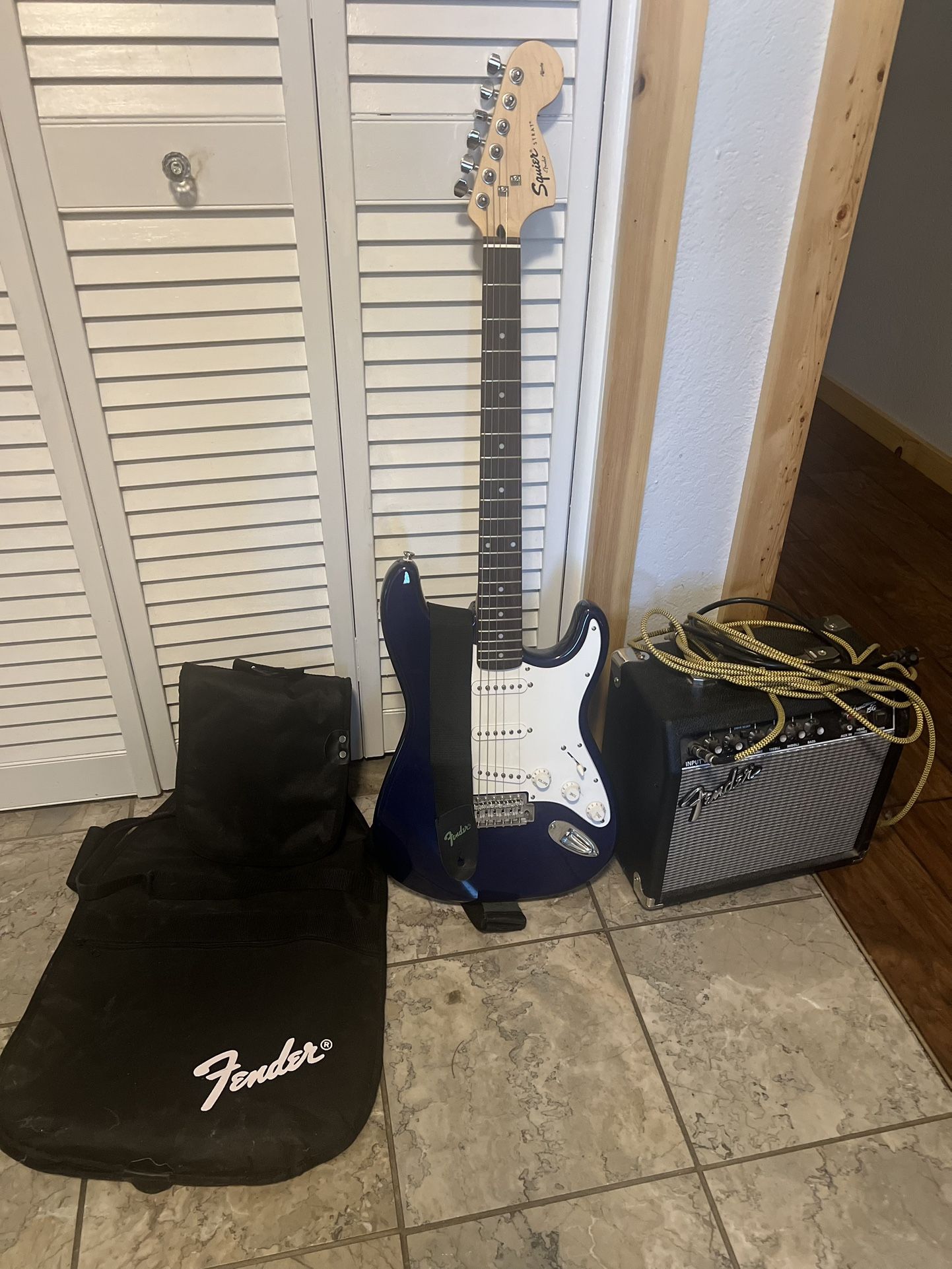 Fender Squire Strap Electric Guitar W/38 Watt Fender Frontman 15G & Equalizer Includes Soft Case