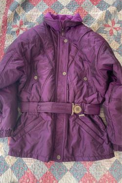 vintage Edelweiss purple insulated women's ski winter jacket waist belt snap-fro