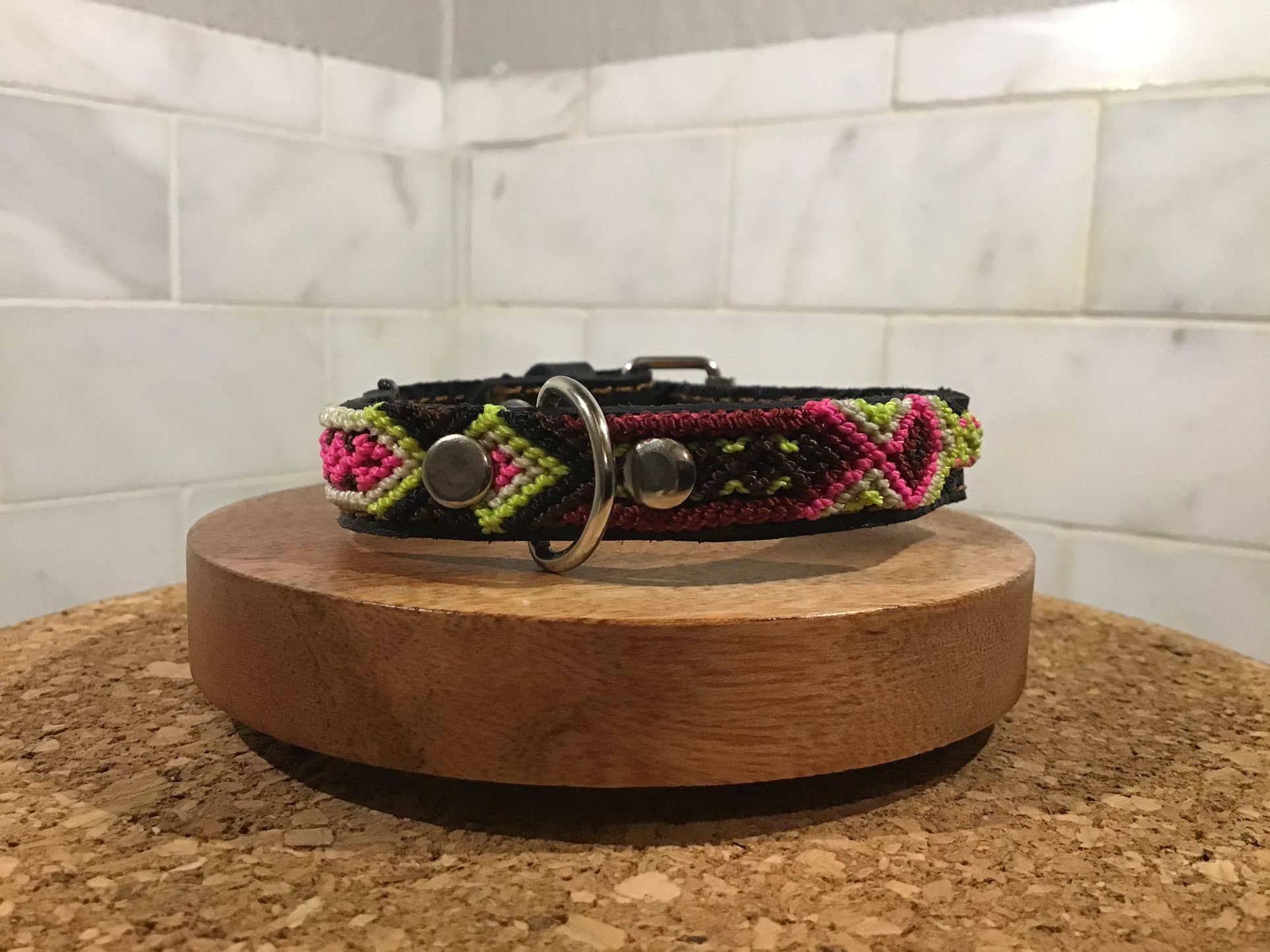 Handmade Dog Collar – 10” XS – Black, Pink & Lime Woven Design