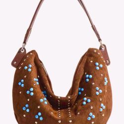 Brown Suede Studded Boho Shoulder Bag - NEW