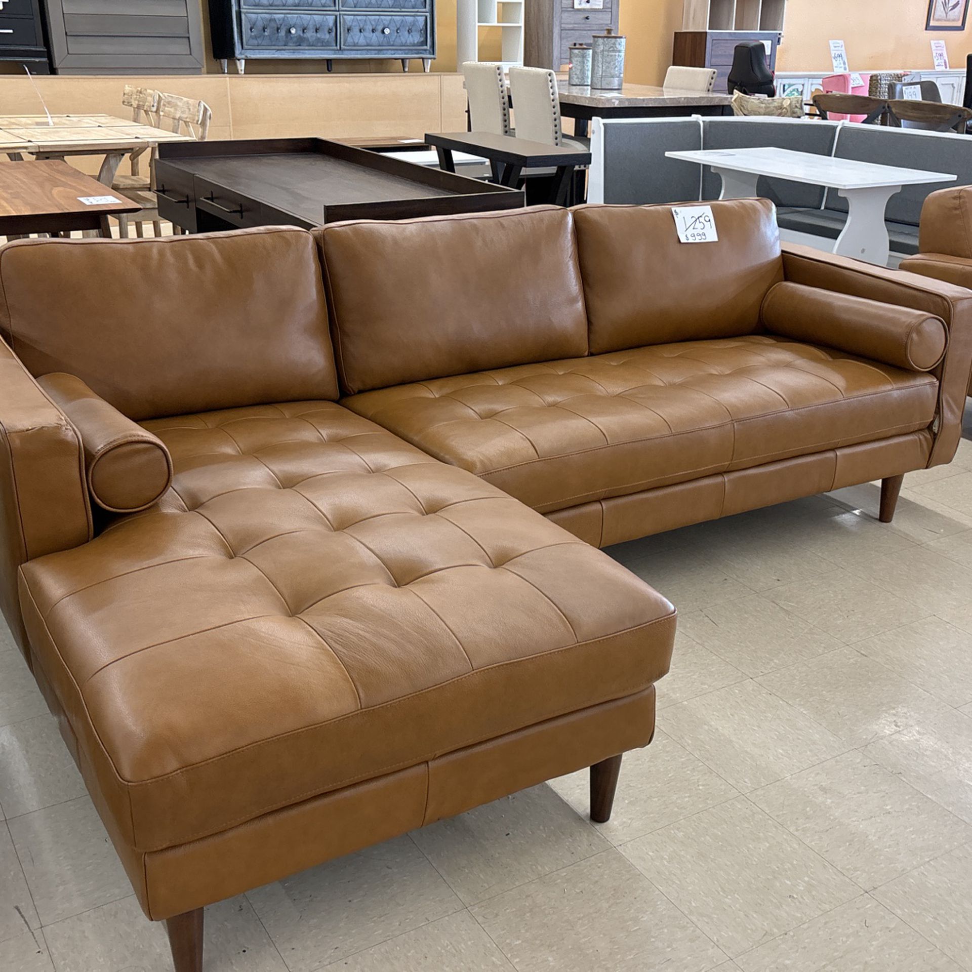 Mid Century Modern Tan Leather Left Facing Chaise Sectional