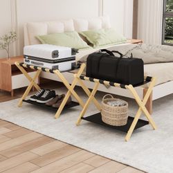 Natural Bamboo Luggage Rack Pack of 2 with Storage Shelf