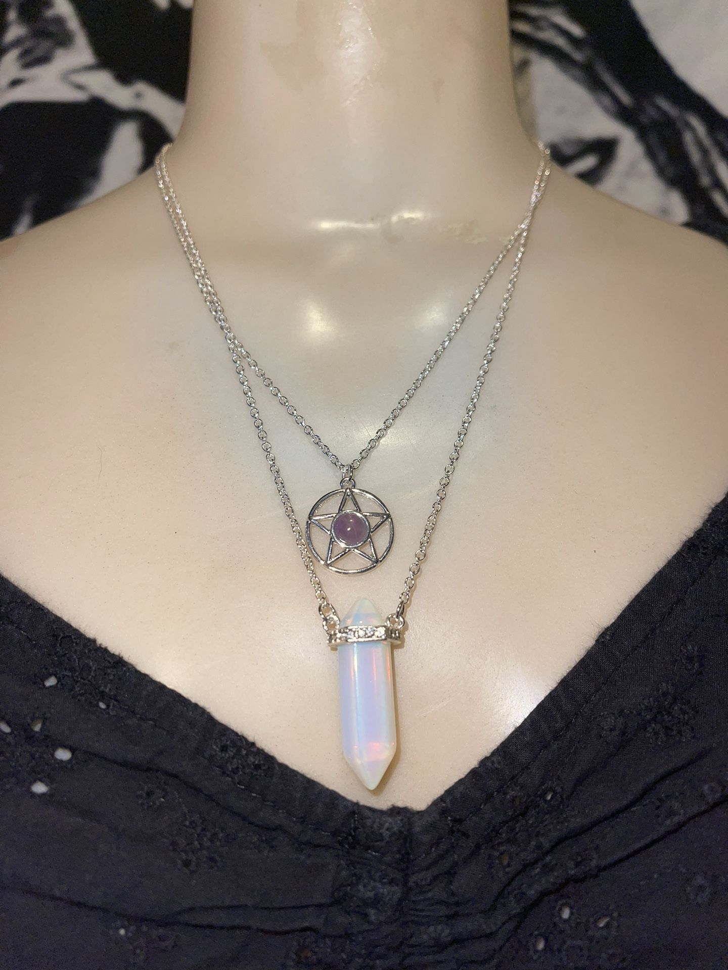 2 Women’s Necklaces Amethyst Pentacle and Hexagonal Moonstone