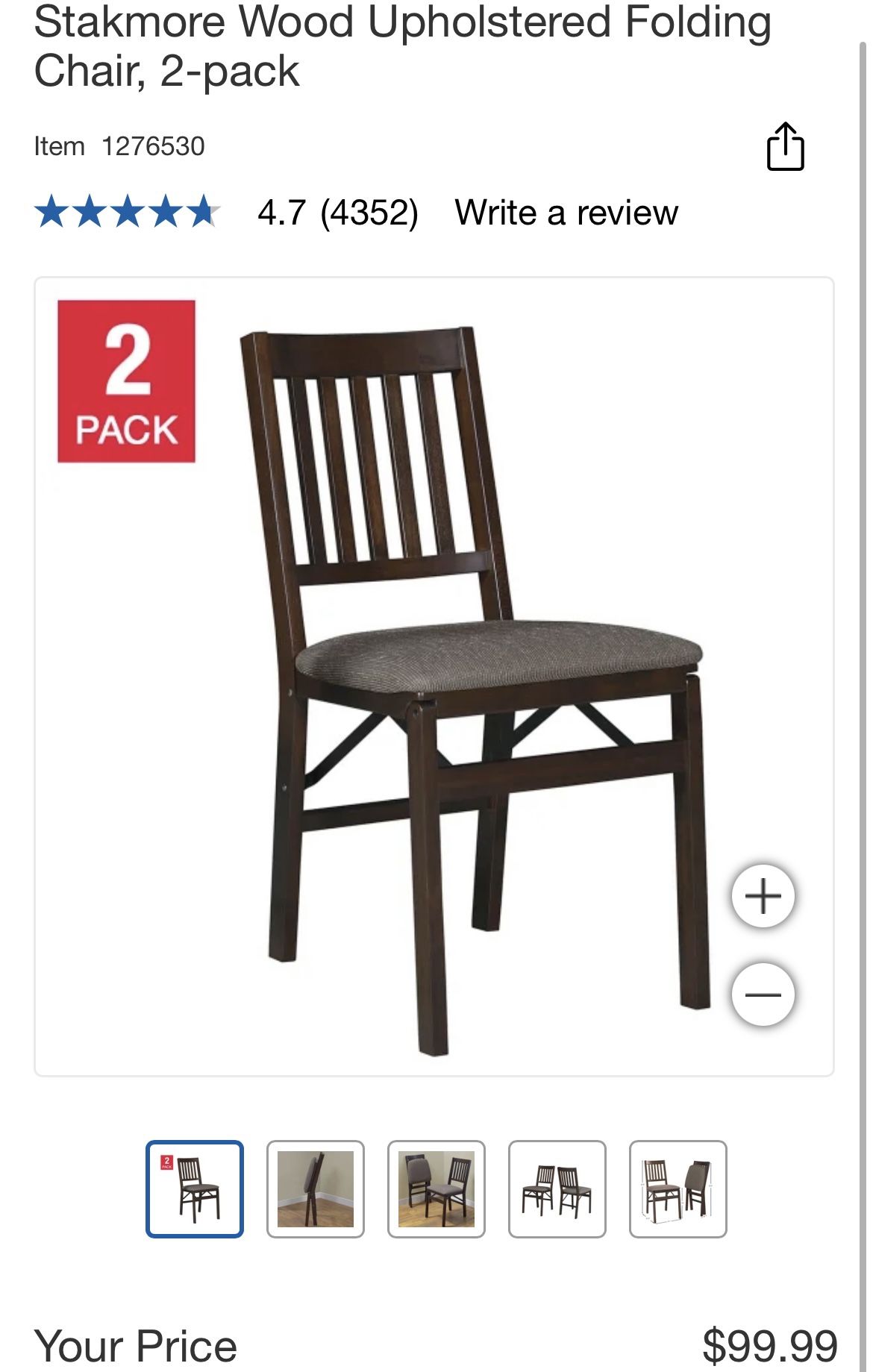 Dark Brown Stakmore Wood Upholstered Folding Chair, 4-pack. $20 per chair.
