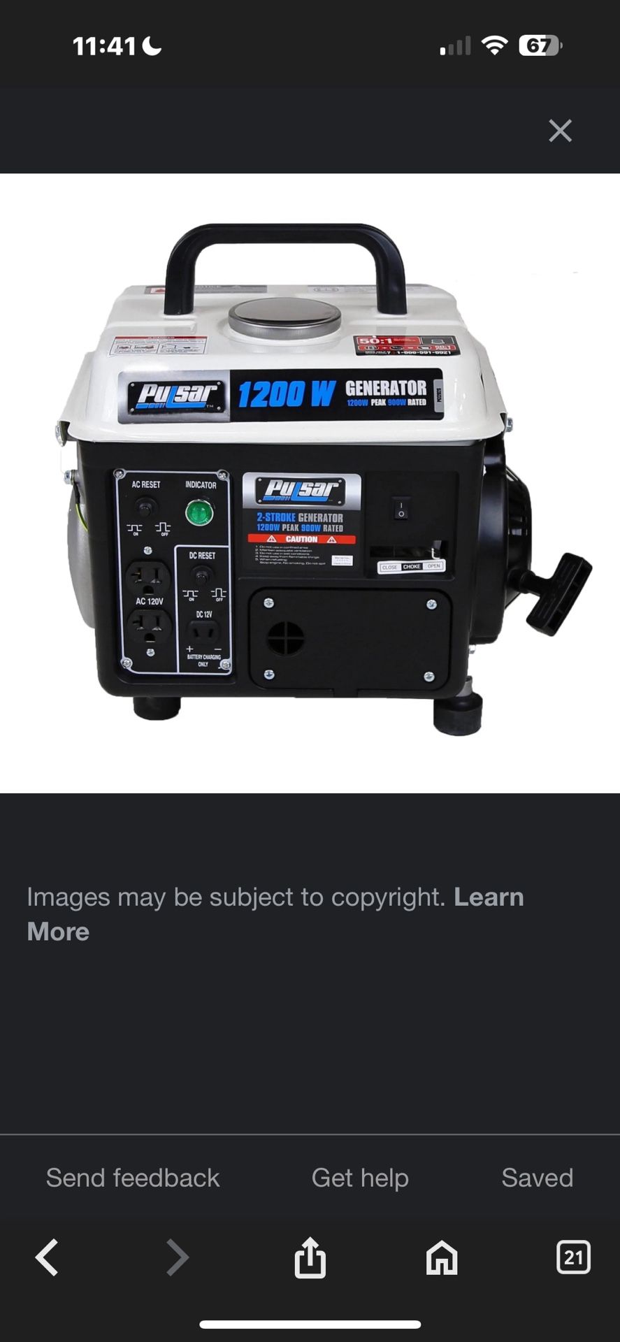 Pulsar 1200W portable 2-cycle gas-powered generator, model PG1202SA or G1200SG
