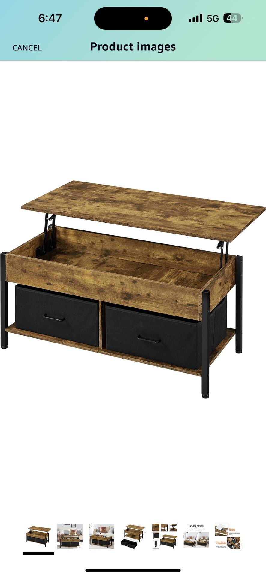 Lift Top Coffee Table with Hidden Compartment, Separated Open Shelves and 2 Fabric Storage Baskets, Modern Central Table for Living Room, Rustic Brow