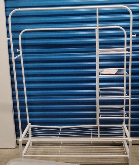 White Metal Clothing Rack with Shelves (Comes With Wheels)