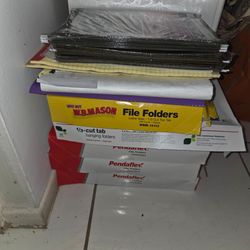 Brand new Office Depot file folders bundle. 3 large boxes + 1 small box of regular file folders, 1 box hanging folders, plus 1 purple plastic file org