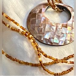 17” Hobo Brown Tone Beaded Necklace w/ 2”Geometric Colorful Shell Pendant
