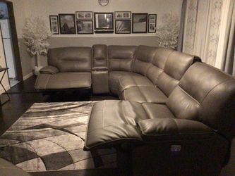 Grey 5 piece sectional leather reclining sofa to include separate recliner.