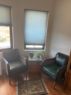 Pair of 2 vintage art deco green leather + rattan lounge chairs