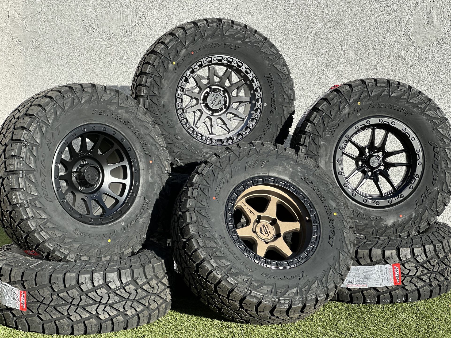 Set of 4 NEW 17” Jeep Wrangler Wheels Lock rims 5x127 Gladiator 35” R/T Tires Sahara Rubicon JL 392 (Set of 5 Available)