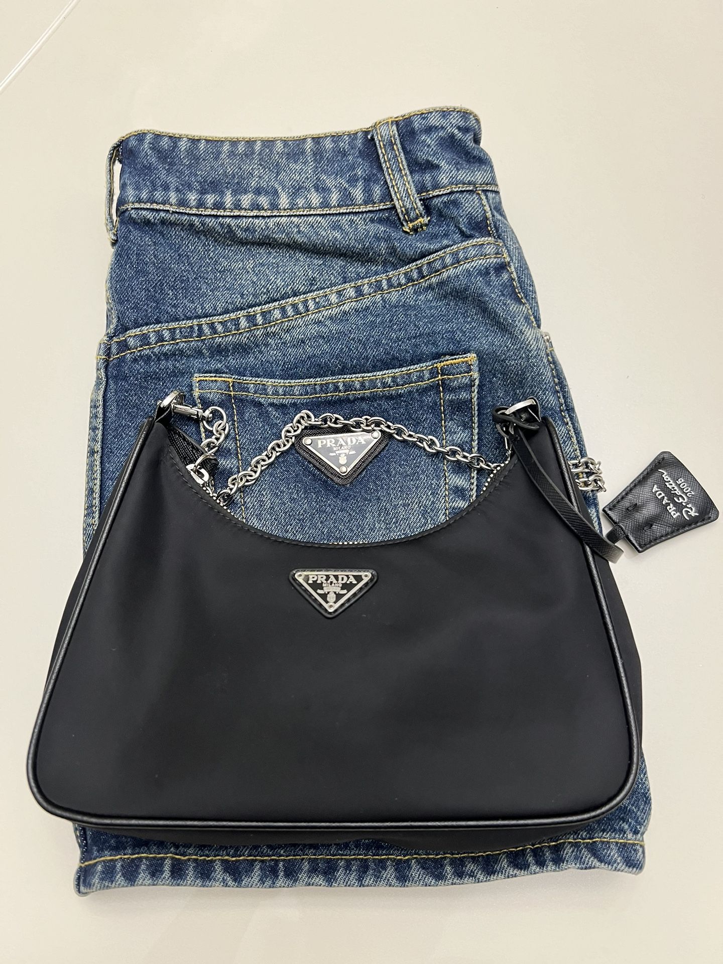 Authentic Prada Designer Set — Nylon Bag + Denim Mini Skirt