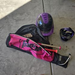 Batting Helmet, Mask, Bag and 2 Bats $30