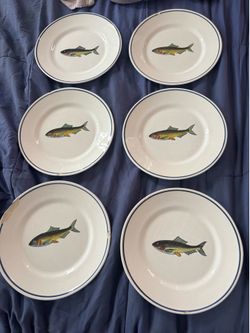 6 hand painted fish plates
