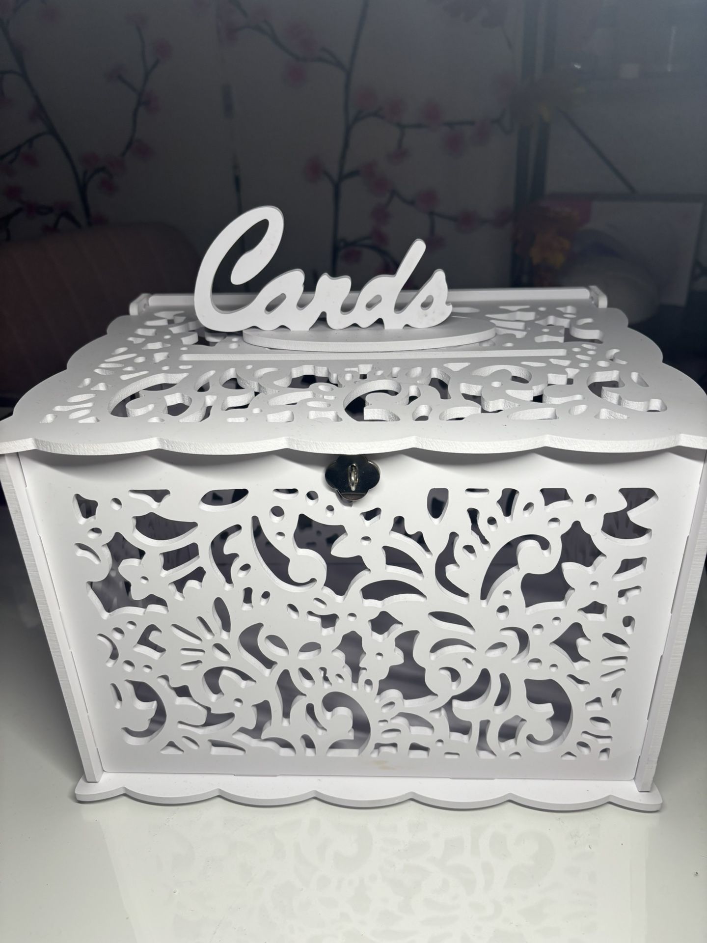 White Decorative Wedding Card Box – “Cards” Sign, Lockable