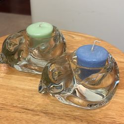 Avon Sleepy Cat Glass Candle Holders