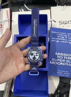 Omega x Swatch's Bioceramic Satellite Watch in Super Blue Moon