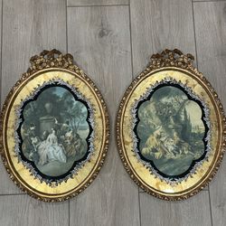 (2) Beautiful 16” Vintage Gold Tone Bow Frame Prints - Wall Hanging Art Home Decor 