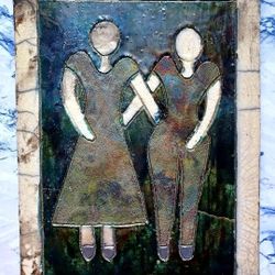 Ooak ORIGINAL ART ceramic 5x7" Females Embrace Home 