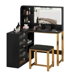 L Shape Makeup Vanity Table Set LED Lighted Mirror with 5 Drawers Dressing Table