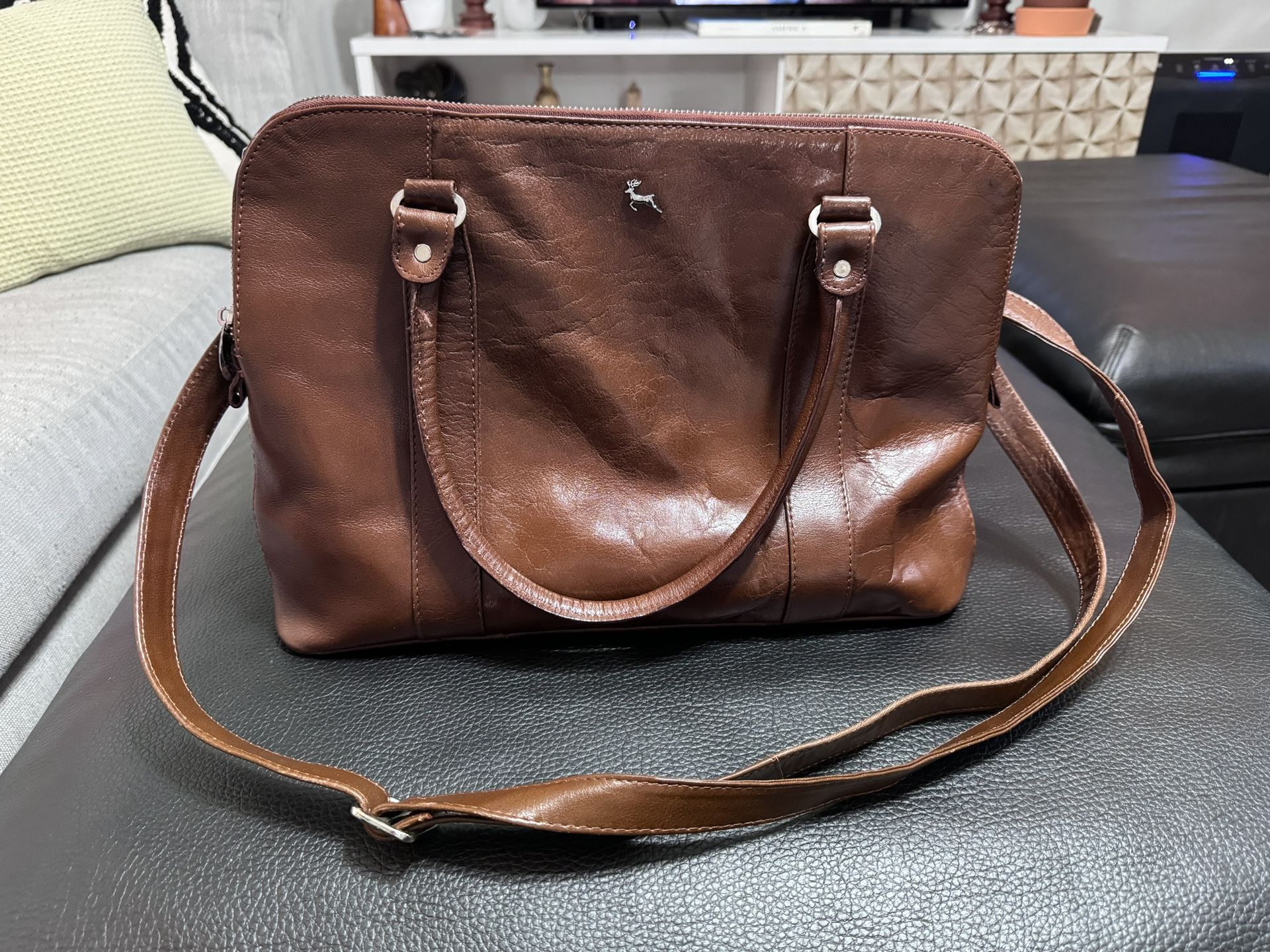 Ashwood Womens Leather Zip Around Two Way Strap Satchel Briefcase Brown Handbag