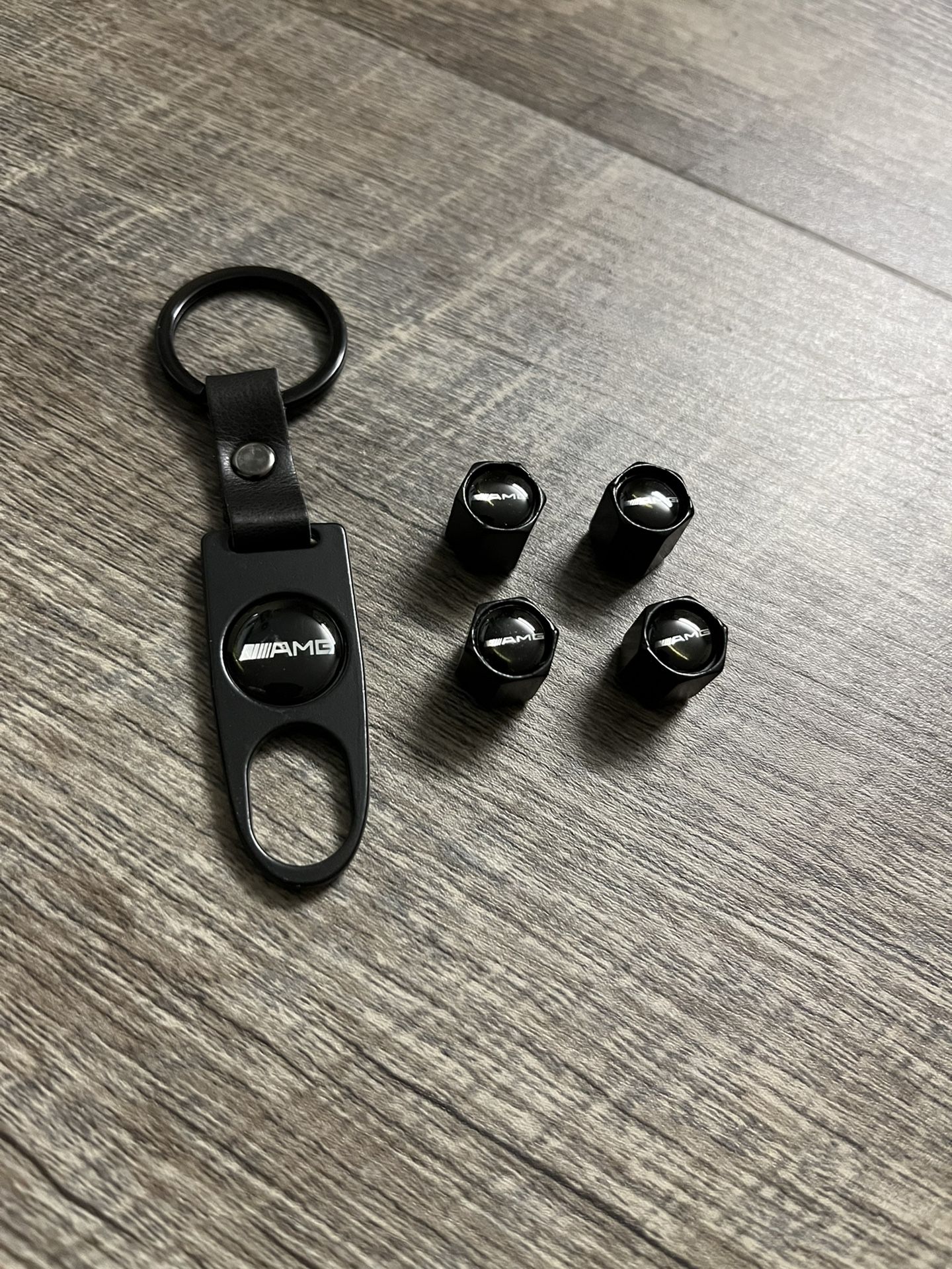 Matte Black AMG Car Wheel Tire Valve Caps Stem With Keychain