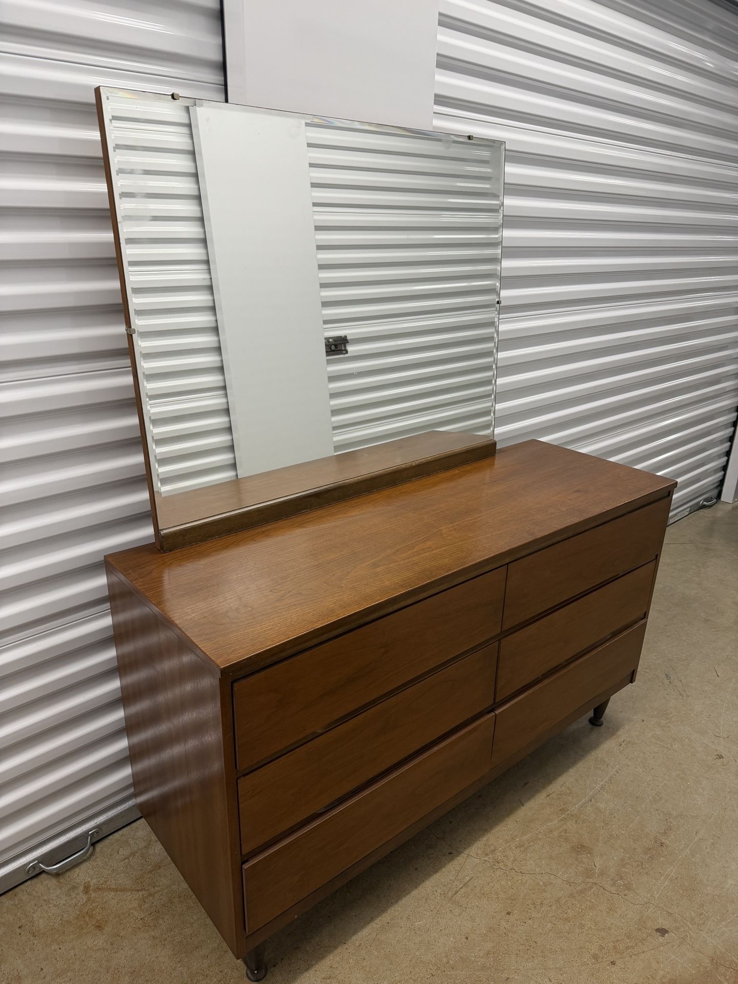 L.A. Period Furniture MCM Six Drawer Lowboy Walnut Dresser with Mirror