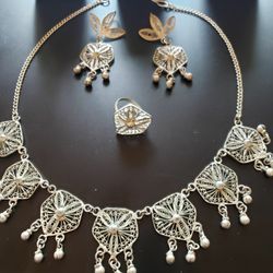 Eastern Silver Necklace, Earrings, and Ring Set