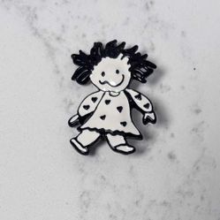 Vintage Signed SFJ Brooch Pin Metal Black White Enamel Girl Kid In Dress 1.5” 