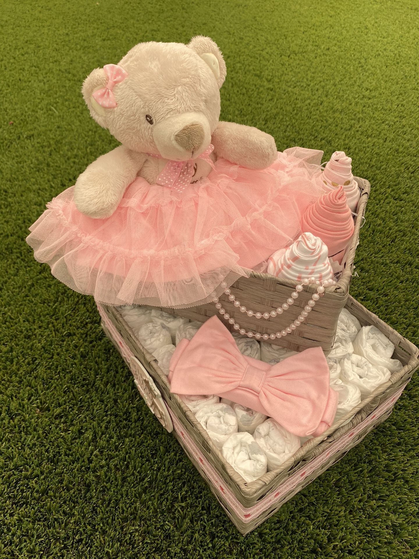 Pink Baby Girl Diaper Basket with Stuffed Teddy Bear, Two Tier Diaper Gift Basket with Decorations