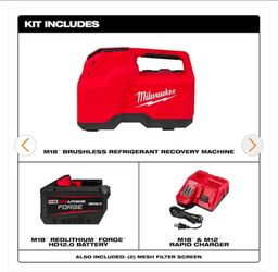 Refrigerant Milwaukee M18 brushless recovery machine Kit, 12.0Ah FORGE, rapid charger, 2xMesh filter screens, New, Financing Available