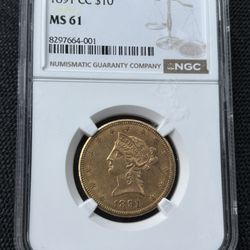 1891-CC $10 Liberty Head Gold Eagle Coin NGC MS61