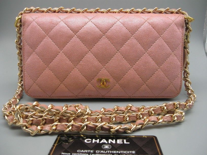 Authentic Chanel Metallic Peach Pink Caviar Leather CC Long Bag Wallet