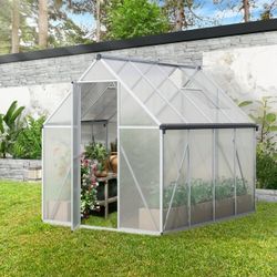  6x8FT Polycarbonate Greenhouse, Outdoor Walk-in Green House with Vent Window, Hinged Door