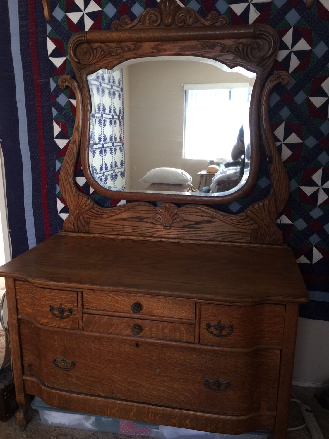 Antique Dresser /w Beveled Mirror And  Lots Of Carving