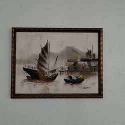 Vintage Original Canvas Oil Painting by Tang Pui of Fishing Village and Boats