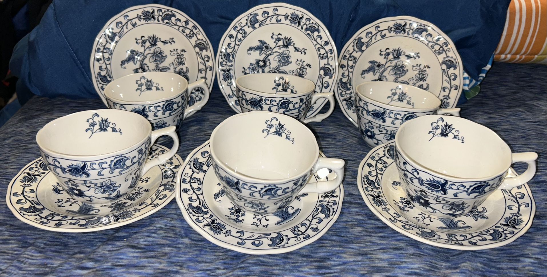 Vintage Set Of 6 Double Phoenix Nikki Blue Ironstone Teacups and Saucers. Made in Japan