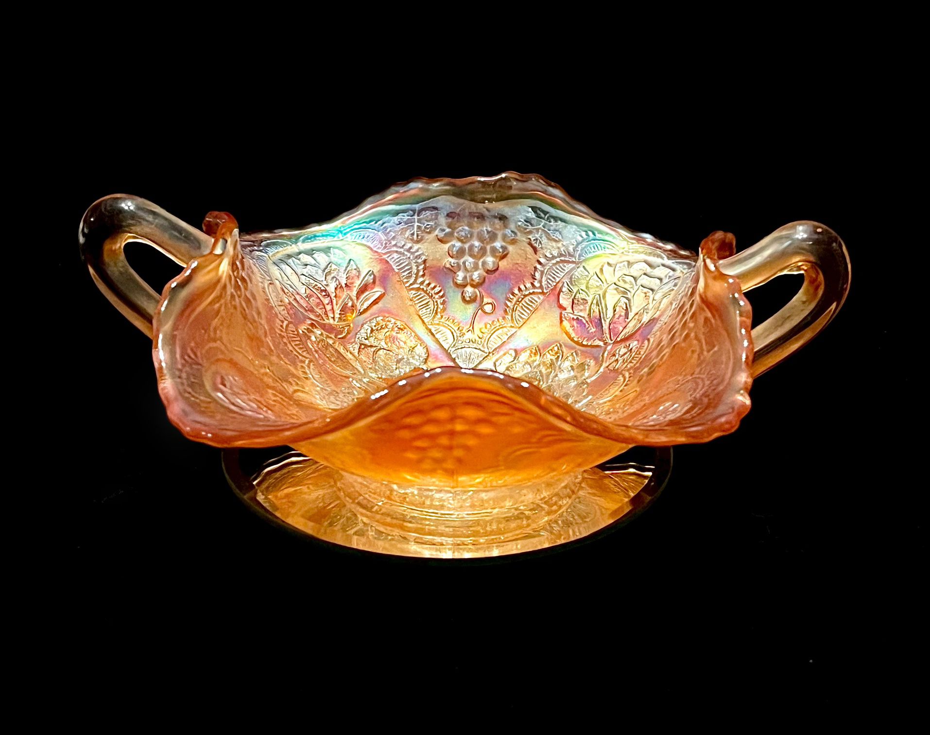 Vintage Fenton Lotus And Grape Marigold Carnival Glass Bon Bon Dish