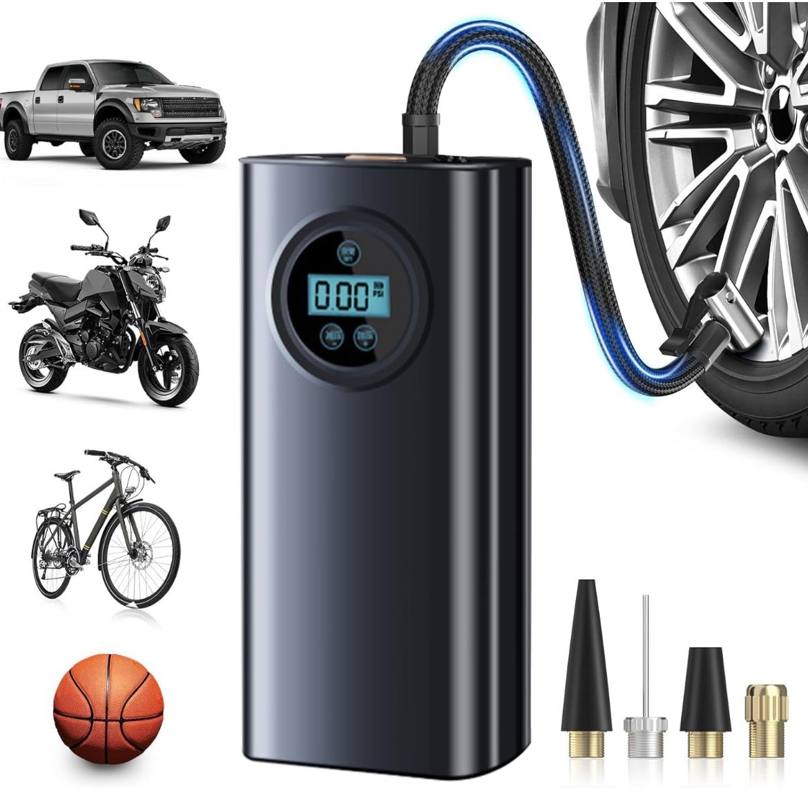 Portable Compressor Tire Inflator with LCD Display, with 3 Nozzle Adapters,Infla