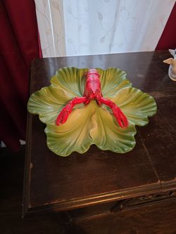 1950s Brad Keeler Large Serving Platter with Green Leaves and Lobster