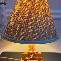 Vintage Lamp Wooden Girl and Dog w Shade and Bulb Included WORKING just $15