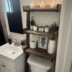 Wooden Toilet Organizer + Towel Hook Shelf 
