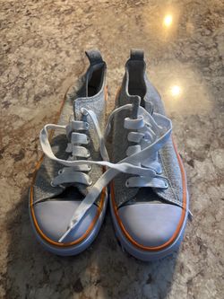Grey Canvas Low-Top Sneakers with Orange Trim: Size 7
